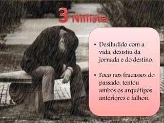 • Desiludido com a
vida, desistiu da
jornada e do destino.
• Foco nos fracassos do
passado, tentou
ambos os arquétipos
anteriores e falhou.
 