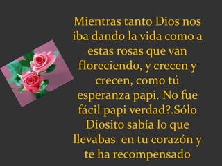 Mientras tanto Dios nos
iba dando la vida como a
estas rosas que van
floreciendo, y crecen y
crecen, como tú
esperanza papi. No fue
fácil papi verdad?.Sólo
Diosito sabía lo que
llevabas en tu corazón y
te ha recompensado
 