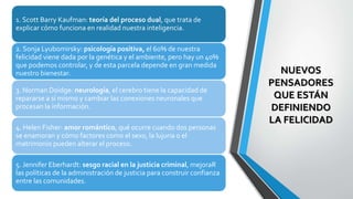 NUEVOS
PENSADORES
QUE ESTÁN
DEFINIENDO
LA FELICIDAD
1. Scott Barry Kaufman: teoría del proceso dual, que trata de
explicar cómo funciona en realidad nuestra inteligencia.
2. Sonja Lyubomirsky: psicología positiva, el 60% de nuestra
felicidad viene dada por la genética y el ambiente, pero hay un 40%
que podemos controlar, y de esta parcela depende en gran medida
nuestro bienestar.
3. Norman Doidge: neurología, el cerebro tiene la capacidad de
repararse a sí mismo y cambiar las conexiones neuronales que
procesan la información.
4. Helen Fisher: amor romántico, qué ocurre cuando dos personas
se enamoran y cómo factores como el sexo, la lujuria o el
matrimonio pueden alterar el proceso.
5. Jennifer Eberhardt: sesgo racial en la justicia criminal, mejoraR
las políticas de la administración de justicia para construir confianza
entre las comunidades.
 