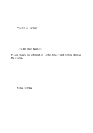 Visible to learners
Hidden from learners
Please review the information in this folder first, before starting
the course.
Cloud Storage
 