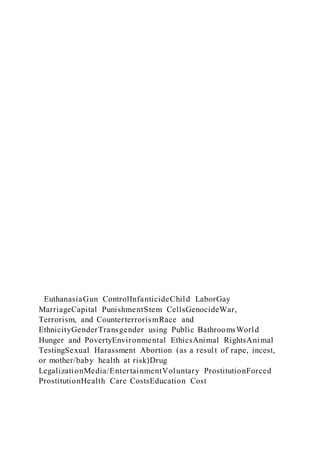 EuthanasiaGun ControlInfanticideChild LaborGay
MarriageCapital PunishmentStem CellsGenocideWar,
Terrorism, and CounterterrorismRace and
EthnicityGenderTransgender using Public BathroomsWorld
Hunger and PovertyEnvironmental EthicsAnimal RightsAnimal
TestingSexual Harassment Abortion (as a result of rape, incest,
or mother/baby health at risk)Drug
LegalizationMedia/EntertainmentVoluntary ProstitutionForced
ProstitutionHealth Care CostsEducation Cost
 