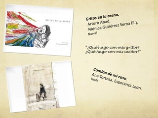 na.
Gritos en la are
            a d.
 A rturo Ab        rez Serna
                             (il.).
              tié r
 M  ónica Gu
 Narval


“¿Qué hago con mis gritos?
¿Qué hago con mis sueños?”




     Ca m
          in
    Ana o de mi
         T
   Thule ortosa.
                   casa
                 Espe .
                     ranza
                           L    eón.
 