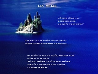 LAS  METAS ¿ Sabes cúal es la  diferencia entre un sueño y una meta ? Una meta es un sueño con una fecha  concreta para convertirse en realidad. Un sueño es solo un sueño, algo que esta  fuera de la realidad ...  Así que atrévete a soñar, pero atrévete también a lograr que esos sueños se hagan realidad. 