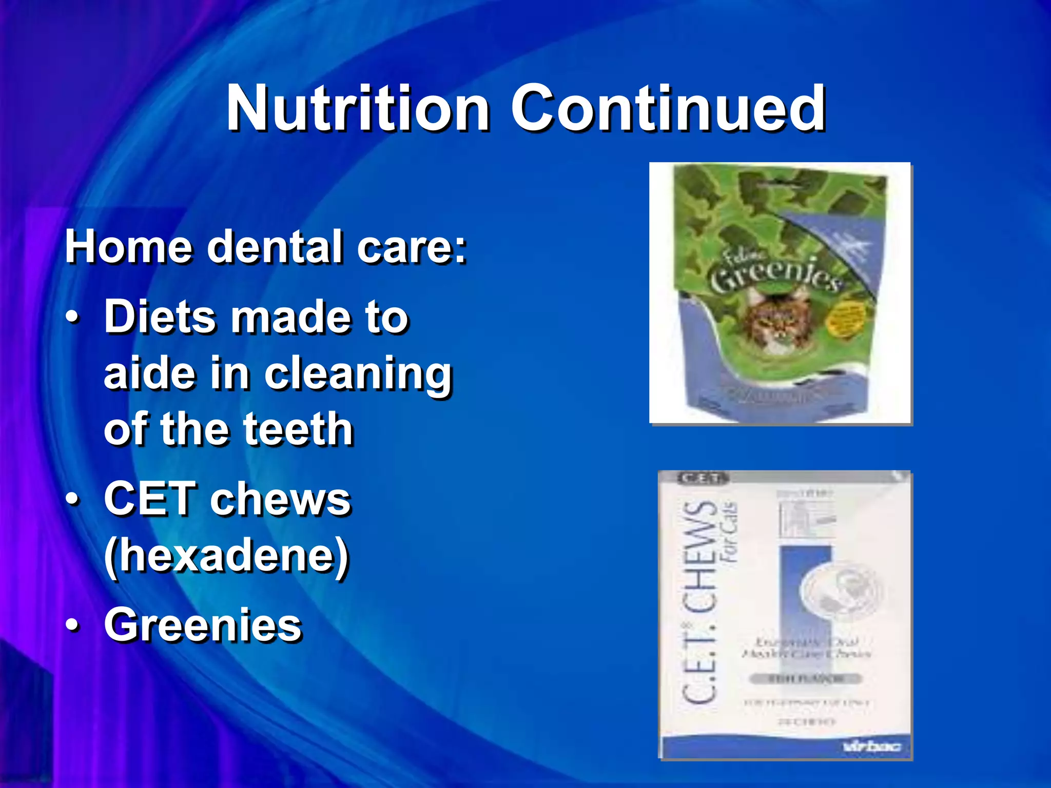 Nutrition Continued
Home dental care:
• Diets made to
aide in cleaning
of the teeth
• CET chews
(hexadene)
• Greenies
 