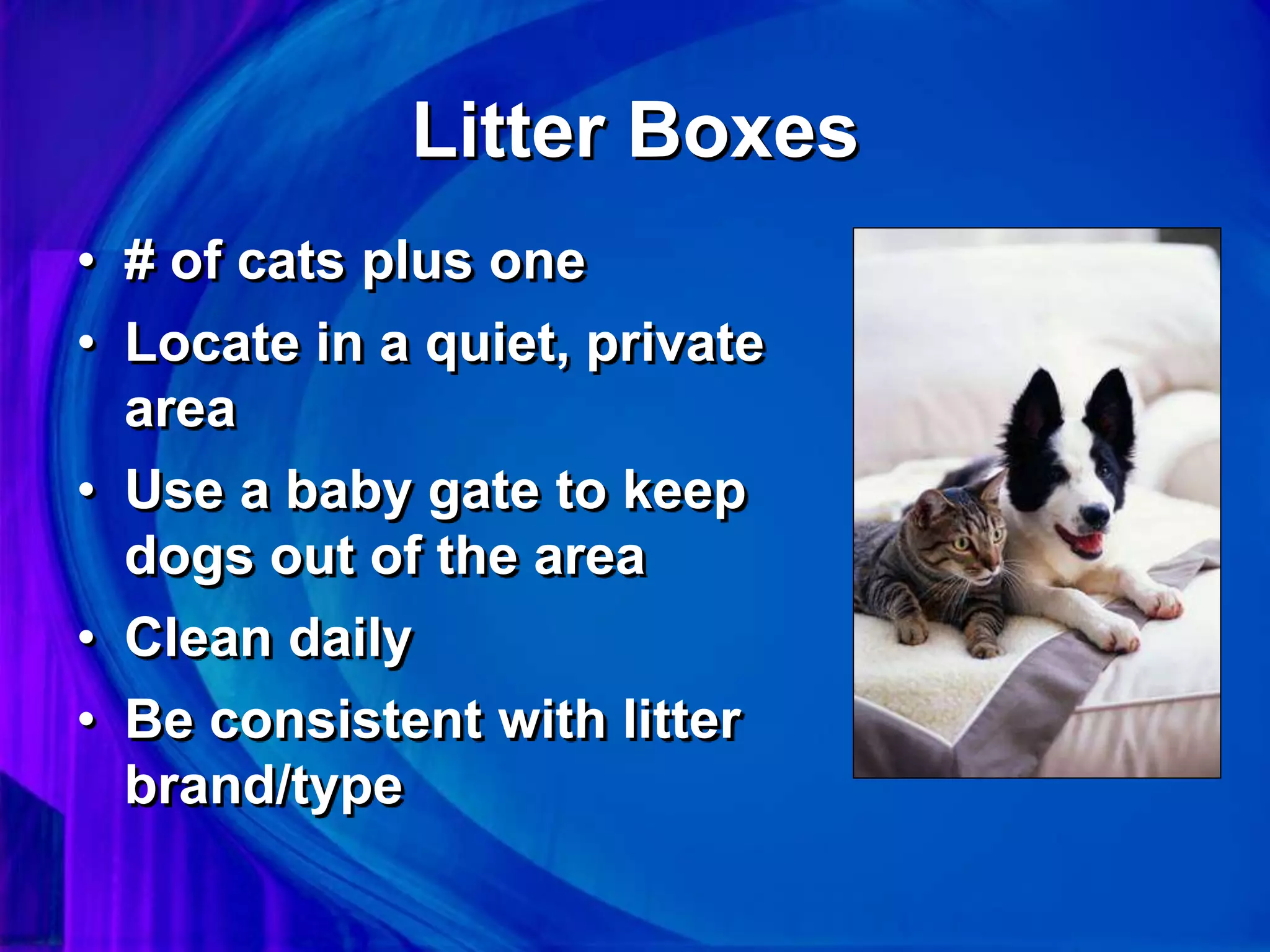 Litter Boxes
• # of cats plus one
• Locate in a quiet, private
area
• Use a baby gate to keep
dogs out of the area
• Clean daily
• Be consistent with litter
brand/type
 