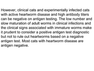 However, clinical cats and experimentally infected cats with active heartworm disease and high antibody titers can be negative on antigen testing. The low number and slow maturation of adult worms in clinical infections and the clinical signs associated with immature worms make it prudent to consider a positive antigen test diagnostic but not to rule out heartworms based on a negative antigen test. Most cats with heartworm disease are antigen negative. 