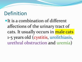 Definition
It is a combination of different
affections of the urinary tract of
cats. It usually occurs in male cats
1-5 years old (cystitis, urolithiasis,
urethral obstruction and uremia)
 