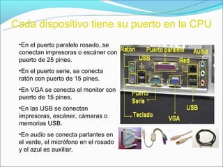 Cada dispositivo tiene su puerto en la CPU
 •En el puerto paralelo rosado, se
 conectan impresoras o escáner con
 puerto de 25 pines.
 •En el puerto serie, se conecta
 ratón con puerto de 15 pines.
 •En VGA se conecta el monitor con
 puerto de 15 pines.
 •En las USB se conectan
 impresoras, escáner, cámaras o
 memorias USB.
 •En audio se conecta parlantes en
 el verde, el micrófono en el rosado
 y el azul es auxiliar.
 
