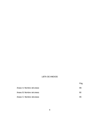 8
LISTA DE ANEXOS
Pág
Anexo A. Nombre del anexo 89
Anexo B. Nombre del anexo 90
Anexo C. Nombre del anexo 95
 