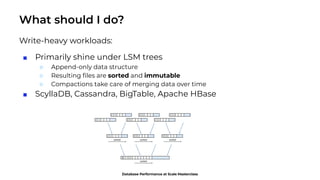 What should I do?
24
Write-heavy workloads:
■ Primarily shine under LSM trees
○ Append-only data structure
○ Resulting ﬁles are sorted and immutable
○ Compactions take care of merging data over time
■ ScyllaDB, Cassandra, BigTable, Apache HBase
 