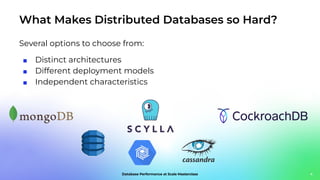 What Makes Distributed Databases so Hard?
4
Several options to choose from:
■ Distinct architectures
■ Different deployment models
■ Independent characteristics
 