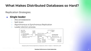What Makes Distributed Databases so Hard?
Replication Strategies:
■ Single leader:
○ Aka active/passive
○ Split brain
○ Asynchronous vs Synchronous Replication
○ Leader election process
6
Designing Data Intensive Applications. Kleppmann, Martin. Chapter 5 – Replication, p.153
 