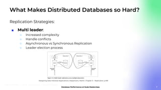 What Makes Distributed Databases so Hard?
Replication Strategies:
■ Multi leader:
○ Increased complexity
○ Handle conﬂicts
○ Asynchronous vs Synchronous Replication
○ Leader election process
7
Designing Data Intensive Applications. Kleppmann, Martin. Chapter 5 – Replication, p.169
 