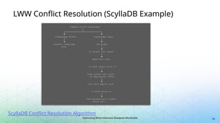 Optimizing Write-Intensive Database Workloads
LWW Conflict Resolution (ScyllaDB Example)
16
Compare write timestamps
│
┌──────────────┴──────────────┐
▼ ▼
timestamps differ timestamps equal
│ │
▼ ▼
Highest timestamp Tie-break
wins │
▼
Is either cell dead?
│
▼
dead cell wins
── both cells alive ──
│
▼
Does either cell have
an expiration (TTL)?
│
▼
cell with expiry wins
── both alive ──
│
▼
lexicographically higher
value wins
ScyllaDB Conflict Resolution Algorithm
 