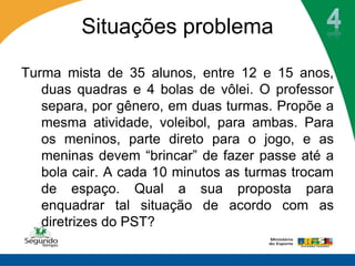 Situações problema

Turma mista de 35 alunos, entre 12 e 15 anos,
   duas quadras e 4 bolas de vôlei. O professor
   separa, por gênero, em duas turmas. Propõe a
   mesma atividade, voleibol, para ambas. Para
   os meninos, parte direto para o jogo, e as
   meninas devem “brincar” de fazer passe até a
   bola cair. A cada 10 minutos as turmas trocam
   de espaço. Qual a sua proposta para
   enquadrar tal situação de acordo com as
   diretrizes do PST?
 