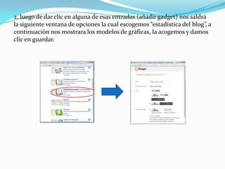 2. luego de dar clic en alguna de esas entradas (añadir gadget) nos saldrá
la siguiente ventana de opciones la cual escogemos “estadística del blog”, a
continuación nos mostrara los modelos de gráficas, la acogemos y damos
clic en guardar.

 