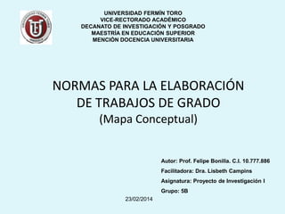 UNIVERSIDAD FERMÍN TORO
VICE-RECTORADO ACADÉMICO
DECANATO DE INVESTIGACIÓN Y POSGRADO
MAESTRÍA EN EDUCACIÓN SUPERIOR
MENCIÓN DOCENCIA UNIVERSITARIA

NORMAS PARA LA ELABORACIÓN
DE TRABAJOS DE GRADO
(Mapa Conceptual)

Autor: Prof. Felipe Bonilla. C.I. 10.777.886
Facilitadora: Dra. Lisbeth Campins
Asignatura: Proyecto de Investigación I
Grupo: 5B
23/02/2014

 