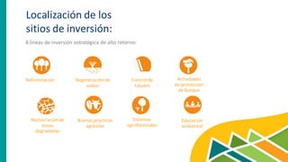 Localización de los
sitios de inversión:
8 líneas de inversión estratégica de alto retorno:
Reforestación Regeneración de
suelos
Control de
taludes
Actividades
de protección
de bosque
Restauraciónde
zonas
degradadas
Buenas prácticas
agrícolas
Sistemas
agroforestales
Educación
ambiental
 