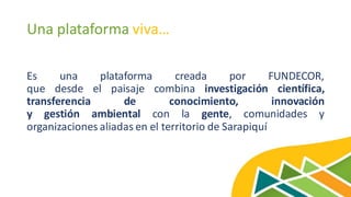 Una plataforma viva…
Es una plataforma creada por FUNDECOR,
que desde el paisaje combina investigación científica,
transferencia de conocimiento, innovación
y gestión ambiental con la gente, comunidades y
organizaciones aliadas en el territorio de Sarapiquí
 