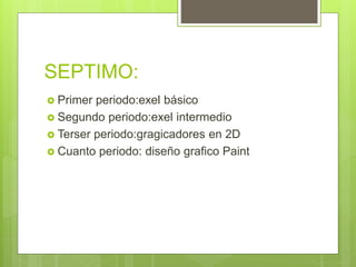 SEPTIMO:
 Primer periodo:exel básico
 Segundo periodo:exel intermedio
 Terser periodo:gragicadores en 2D
 Cuanto periodo: diseño grafico Paint
 