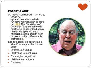 ROBERT GAGNE
Su mayor contribución ha sido su
  teoría del
  aprendizaje, desarrollada
  fundamentalmente en su libro
  de 1965 The Conditions of
  Learning. Gagné sostiene la
  existencia de distintos tipos o
  niveles de aprendizaje, y
  afirma que cada uno de ellos
  requiere un tipo diferente de
  instrucción.1
Las categorías de aprendizaje
  identificadas por el autor son
  cinco:
 Información verbal
 Destrezas intelectuales
 Estrategias cognitivas
 Habilidades motoras
 Actitudes
 