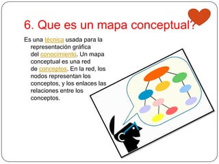 6. Que es un mapa conceptual?
Es una técnica usada para la
  representación gráfica
  del conocimiento. Un mapa
  conceptual es una red
  de conceptos. En la red, los
  nodos representan los
  conceptos, y los enlaces las
  relaciones entre los
  conceptos.
 