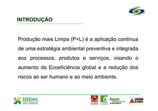 INTRODUÇÃO


Produção mais Limpa (P+L) é a aplicação contínua
de uma estratégia ambiental preventiva e integrada
aos processos, produtos e serviços, visando o
aumento da Ecoeficiência global e a redução dos
riscos ao ser humano e ao meio ambiente.
 