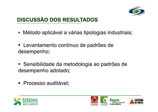 DISCUSSÃO DOS RESULTADOS

 Método aplicável a várias tipologias industriais;

  Levantamento contínuo de padrões de
desempenho;

  Sensibilidade da metodologia ao padrões de
desempenho adotado;

  Processo auditável;
 