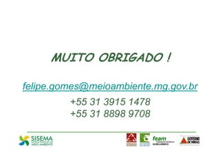 MUITO OBRIGADO !

felipe.gomes@meioambiente.mg.gov.br
         +55 31 3915 1478
         +55 31 8898 9708
 