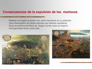 Consecuencias de la expulsión de los moriscos
Malestar en Aragón al perder una parte importante de su población
Vacío demográfico de ciertas regiones que deberán repoblarse
Ruina económica del Reino de Aragón donde vivían la mayoría
Homogeneidad étnica (casi) total
 