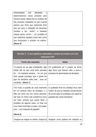 87 
necessidades mal atendidas e desenvolvemos novos produtos para resolver aquilo, depois fez os modelos 3D dos produtos, baseados no que a gente achava que tinha que realmente tinha que ser para a utilização de tamanhos corretos e etc.. certo?!, e baseado naquilo gerou ummm.... um protótipo lá que realmente ajudaria muito bem como que funcionaria o produto na prática.” (Aluno 3) 
Questão 3 – O que significou materializar o projeto de produto com uma impressora 3D? Trecho das respostas Ideias 
“A chance de ver algo prototipado, algo sólido dali do que você tinha pensado foi.... foi bastante bacana.... foi ver que todo aquele processo que a gente fez aqui da disciplina valeu eee.... teve um resultado.” (Aluno 1) 
Foi gratificante ver o projeto se tornar algo físico que fizesse valer a pena o processo do aprendizado da disciplina. 
“Foi muito a questão de você realmente ter um produto físico do protótipo. (...) Não sei como era nos outros períodos, até hoje na minha vida acadêmica como um todo, sempre que queria fazer o protótipo de alguma coisa, no final era uma coisa muito feia e zuada, com papel, com....uma maquete de papelão” 
(Aluno 2) 
A qualidade final do protótipo ficou bem melhor do que os métodos convencionais de construção de protótipos por papel ou papelão das outras disciplinas. 
“Imagina se chegar no cliente, imagina já 
Imaginar como poderia ser utilizado no  