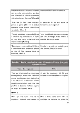 88 
chegar de fato com o protótipo. Você vê o cara e mostra assim direitinho que bate com o desenho se caso ele pudesse ter visto antes, tem um diferencial” (Aluno 2) 
meio profissional como um diferencial. 
“Acho que foi bem mais realizador, porque a gente pôde ver o produto realmente o que a gente desenhou de verdade lá.” (Aluno 3) 
A realização de ver algo virtual se transformando em algo real 
“Permitiu a gente ver a impressão 3D que é uma real, algo bem discutida de agora. Eu nem sabia que o fundão tinha uma impressora 3D.” (Aluno 3) 
Ter a possibilidade de estar em contato com uma tecnologia muito utilizada e discutida nos tempos atuais. 
“Desenvolver e ver o produto ali foi ótimo, é bem melhor ver o produto de verdade do que só ficar naquela teoria da faculdade” (Aluno 3) 
Perceber o produto de verdade como algo concreto e não só na teoria. 
Questão 4 – Qual foi o papel da impressora 3D no desenvolvimento do produto durante a disciplina? Trecho das respostas Ideias 
“Acho que foi só neste final mesmo para fazer o protótipo, mas durante a disciplina mesmo nem foi citado ela. (...) só no final e não influenciou no decorrer e nem foi avisado que seria feito, mas e daí mais pro final da disciplina ela falou: A gente vai fazer a prototipagem lá e tal.” 
(Aluno 1) 
O uso da impressora 3D foi uma novidade vivenciada ao final da disciplina. 
“Acho que nos outros anos né na disciplina.... o pessoal fazia maquete né, 
Muda a forma como eram feitos os protótipos na disciplina de projeto de  