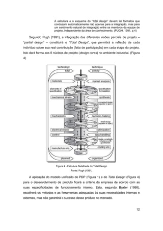12 
A estrutura e o esquema do “total design” devem ter formatos que conduzam automaticamente não apenas para a integração, mas para um sentimento natural de integração entre os membros da equipe de projeto, independente da área de conhecimento. (PUGH, 1991, p.4) 
Segundo Pugh (1991), a integração das diferentes visões parciais de projeto – “partial design” – constituirá o “Total Design”, que permitirá a reflexão de cada indivíduo sobre sua real contribuição (fatia de participação) em cada etapa do projeto. Isto dará forma aos 6 núcleos de projeto (design cores) no ambiente industrial. (Figura 4) 
Figura 4 - Estrutura Detalhada do Total Design 
Fonte: Pugh (1991) 
A aplicação do modelo unificado do PDP (Figura 1) e do Total Design (Figura 4) para o desenvolvimento de produto ficará a critério da empresa de acordo com as suas especificidades de funcionamento interno. Esta, segundo Baxter (1998), escolherá os métodos e as ferramentas adequadas às suas necessidades internas e externas, mas não garantirá o sucesso desse produto no mercado.  