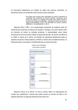 51 
de estruturá-lo globalmente em relação às ações das pessoas envolvidas, os elementos físicos e os ambientes onde ocorreram essas interações. 
No projeto para serviços esta capacidade se mostrou importante na concepção das evidências de serviço (também conhecidos como pontos de contato ) ou interface de serviço para melhor orientar o processo de interação (usabilidade) , antecipar as saídas de serviço e regras (transparência) e criar uma identidade de serviço coerente. (MERONI, A., & SANGIORGI, D. 2011). 
Segundo Simon (1981), uma representação apropriada do problema pode ser essencial para organizar os esforços de solução e conseguir uma certa clareza sobre as maneiras de avaliar as soluções propostas. A representação visual dessa ferramenta em forma de matriz (Tabela 3) passa pela decisão, de acordo com Bitner et al. (2007) e Vianna et al. (2012), da intenção de representar globalmente todos os aspectos do serviço. Esses aspectos, conforme o mesmo são as evidências físicas, os diferentes atores, suas ações e interdependências ao longo da jornada. 
Tabela 3: Service Blueprint 
Fonte: Bitner et al.(2007) 
Segundo Vianna et al. (2012), no início é preciso definir as etapas/pontos de contato que caracterizam o serviço para então compor as colunas da matriz e em seguida preencher os seguintes elementos das linhas com:  
