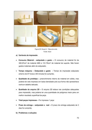 72 
Figura 29: Grupo 6 - Tábua de corte 
Fonte: Autor 
a) Variáveis da impressão 
 Consumo Material - estipulado x gasto – O consumo de material foi de 395,97cm³ de material ABS e 151,79cm³ de material de suporte. Não foram gastos materiais além do estipulado. 
 Tempo máquina – Estipulado x gasto - Tempo de impressão estipulado entorno de 07 horas e 08 minutos foi cumprido. 
 Qualidade do protótipo – preenchimento interno de material em sólido, mas poderia ter sido impresso em baixa densidade pois sua forma não apresentava nenhum detalhe delicado. 
 Qualidade do arquivo 3D – O arquivo 3D estava nas condições adequadas para impressão, mas poderia ter uma quantidade de polígonos maior para um melhor resultado superficial da peça. 
 Total peças impressas – Foi impressa 1 peça 
 Prazo de entrega – estipulado x real – O prazo de entrega estipulado de 3 dias foi cumprido. 
b) Problemas e soluções  