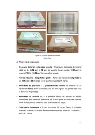 77 
Figura 32: Grupo 9 - Porta condimentos 
Fonte: Autor 
a) Variáveis da impressão 
 Consumo Material - estipulado x gasto – O consumo estipulado de material ABS foi de 46,72 cm³ e 72 cm³ de suporte. Foram gastos 67,81,cm³ de material ABS e 120,62 cm³ de material de suporte. 
 Tempo máquina – Estipulado x gasto - Tempo de impressão estipulado foi de 02 horas e 55 minutos sendo que foram gastas 06 horas. 
 Qualidade do protótipo – O preenchimento interno de material foi na qualidade sólida. Essa escolha foi para dar mais rigidez nas partes mais finas e delicadas do protótipo. 
 Qualidade do arquivo 3D – A primeira versão do arquivo 3D estava incompleta, pois faltavam elementos de fixação para as divisórias internas, além de não possuir tolerância para os encaixes das peças. 
 Total peças impressas – Foram impressas 12 peças. Sendo 6 divisórias internas, 3 caixas e 3 tampas. Deveriam ser impressos somente 2 divisórias, 1 caixa e 1 tampa.  