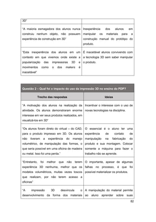 82 
3D” 
“A maioria esmagadora dos alunos nunca construiu nenhum objeto, não possuem experiência de construção em 3D” 
Inexperiência dos alunos em manipular os materiais para a construção manual do protótipo do produto. 
“Esta inexperiência dos alunos em um contexto em que vivemos onde existe a popularização das impressoras 3D e movimentos como o dos makers é inaceitável” 
É inaceitável alunos convivendo com a tecnologia 3D sem saber manipular o produto. 
Questão 2 – Qual foi o impacto do uso da impressão 3D no ensino do PDP? Trecho das respostas Ideias 
“A motivação dos alunos na realização da atividade. Os alunos demonstraram enorme interesse em ver seus produtos realizados, em visualizá-los em 3D” 
Incentivar o interesse com o uso de novas tecnologias na disciplina. 
“Os alunos foram direto do virtual – do CAD, para o produto impresso em 3D. Os alunos não tiveram a experiência do manejo volumétrico, de manipulação das formas, o que seria possível em uma oficina de madeira ou metal. Isso foi uma perda.” 
O essencial é o aluno ter uma experiência de contato de manipulação na fabricação do produto e sua montagem. Colocar somente a máquina para fazer o trabalho não se aprende. 
“Entretanto, foi melhor que não terem experiência 3D nenhuma, melhor que os modelos volumétricos, muitas vezes toscos que realizam, por não terem acesso a oficinas” 
O importante, apesar de algumas falhas no processo, é que foi possível materializar os produtos. 
“A impressão 3D desvincula o desenvolvimento da forma dos materiais 
A manipulação do material permite ao aluno aprender sobre suas  