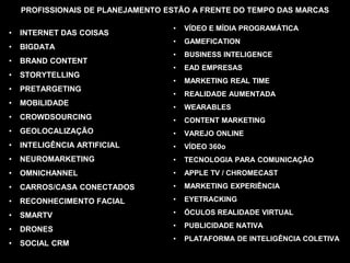 PROFISSIONAIS DE PLANEJAMENTO ESTÃO A FRENTE DO TEMPO DAS MARCAS
• INTERNET DAS COISAS
• BIGDATA
• BRAND CONTENT
• STORYTELLING
• PRETARGETING
• MOBILIDADE
• CROWDSOURCING
• GEOLOCALIZAÇÃO
• INTELIGÊNCIA ARTIFICIAL
• NEUROMARKETING
• OMNICHANNEL
• CARROS/CASA CONECTADOS
• RECONHECIMENTO FACIAL
• SMARTV
• DRONES
• SOCIAL CRM
• VÍDEO E MÍDIA PROGRAMÁTICA
• GAMEFICATION
• BUSINESS INTELIGENCE
• EAD EMPRESAS
• MARKETING REAL TIME
• REALIDADE AUMENTADA
• WEARABLES
• CONTENT MARKETING
• VAREJO ONLINE
• VÍDEO 360o
• TECNOLOGIA PARA COMUNICAÇÃO
• APPLE TV / CHROMECAST
• MARKETING EXPERIÊNCIA
• EYETRACKING
• ÓCULOS REALIDADE VIRTUAL
• PUBLICIDADE NATIVA
• PLATAFORMA DE INTELIGÊNCIA COLETIVA
 