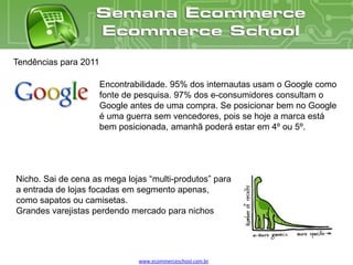 Tendências para 2011

                       Encontrabilidade. 95% dos internautas usam o Google como
                       fonte de pesquisa. 97% dos e-consumidores consultam o
                       Google antes de uma compra. Se posicionar bem no Google
                       é uma guerra sem vencedores, pois se hoje a marca está
                       bem posicionada, amanhã poderá estar em 4º ou 5º.




Nicho. Sai de cena as mega lojas “multi-produtos” para
a entrada de lojas focadas em segmento apenas,
como sapatos ou camisetas.
Grandes varejistas perdendo mercado para nichos




                                www.ecommerceschool.com.br
 