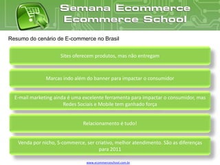 Resumo do cenário de E-commerce no Brasil


                     Sites oferecem produtos, mas não entregam



               Marcas indo além do banner para impactar o consumidor


  E-mail marketing ainda é uma excelente ferramenta para impactar o consumidor, mas
                       Redes Sociais e Mobile tem ganhado força


                               Relacionamento é tudo!


   Venda por nicho, S-commerce, ser criativo, melhor atendimento. São as diferenças
                                     para 2011

                                www.ecommerceschool.com.br
 