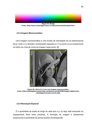 26

Figura 19 -24 bpp
Fonte: (http://www.cambridgeincolour.com/pt-br/tutorials/bit-depth.htm).

3.5.3 Imagem Monocromática

Uma imagem monocromática é uma função de intensidade de luz bidimensional
f(x,y), onde x e y denotam coordenadas espaciais e o f no ponto (x,y) é proporcional
ao brilho (ou nível de cinza) da imagem neste ponto. [6]

Figura 20 - Eixos X e Y em uma imagem monocromática.
Fonte: (http://radiologiaeinovacao.files.wordpress.com/2010/06/imagem-digital-wwwradiologiaeinovacao-com-br.pdf).

3.5.4 Resolução Espacial

É a quantidade de pixels ao longo de cada eixo x,y, ou seja, está associado ao
espaçamento físico entre amostras. A formação da imagem é diretamente
proporcional a quantidade de pontos (pixels) amostrados.[6]

 