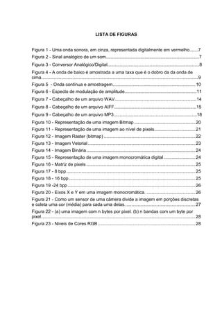 LISTA DE FIGURAS

Figura 1 - Uma onda sonora, em cinza, representada digitalmente em vermelho.......7
Figura 2 - Sinal analógico de um som...........................................................................7
Figura 3 - Conversor Analógico/Digital..........................................................................8
Figura 4 - A onda de baixo é amostrada a uma taxa que é o dobro da da onda de
cima. ............................................................................................................................ 9
Figura 5 - Onda contínua e amostragem .................................................................. 10
Figura 6 - Especto de modulação de amplitude..........................................................11
Figura 7 - Cabeçalho de um arquivo WAV..................................................................14
Figura 8 - Cabeçalho de um arquivo AIFF.................... ..............................................15
Figura 9 - Cabeçalho de um arquivo MP3...................................................................18
Figura 10 - Representação de uma imagem Bitmap ................................................. 20
Figura 11 - Representação de uma imagem ao nível de pixels................................. 21
Figura 12 - Imagem Raster (bitmap) ......................................................................... 22
Figura 13 - Imagem Vetorial ...................................................................................... 23
Figura 14 - Imagem Binária ....................................................................................... 24
Figura 15 - Representação de uma imagem monocromática digital ......................... 24
Figura 16 - Matriz de pixels ....................................................................................... 25
Figura 17 - 8 bpp ....................................................................................................... 25
Figura 18 - 16 bpp ..................................................................................................... 25
Figura 19 -24 bpp ...................................................................................................... 26
Figura 20 - Eixos X e Y em uma imagem monocromática. ....................................... 26
Figura 21 - Como um sensor de uma câmera divide a imagem em porções discretas
e coleta uma cor (média) para cada uma delas. ....................................................... 27
Figura 22 - (a) uma imagem com n bytes por pixel. (b) n bandas com um byte por
pixel. .......................................................................................................................... 28
Figura 23 - Niveis de Cores RGB .............................................................................. 28

 
