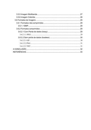 3.5.5 Imagem Multibanda ................................................................................... 27
3.5.6 Imagem Colorida ....................................................................................... 28
3.6 Formatos de Imagens ...................................................................................... 29
3.6.1 Formatos não-comprimidos ....................................................................... 29
3.6.1.1 BMP ..................................................................................................... 29
3.6.2 Formatos comprimidos .............................................................................. 29
3.6.2.1 Com Perda de dados (lossy) ............................................................... 29
3.6.2.1.1 JPEG ........................................................................................................... 29
3.6.2.2 Sem perda de dados (lossless) ........................................................... 30
3.6.2.2.1 GIF .............................................................................................................. 30
3.6.2.2.2 PNG ............................................................................................................ 31
3.6.2.2.3 TIFF ............................................................................................................ 31
4 CONCLUSÃO......................................................................................................... 32
REFERÊNCIAS ......................................................................................................... 33

 
