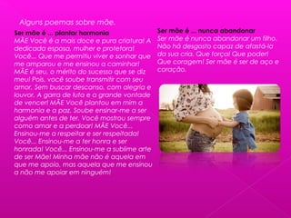 Alguns poemas sobre mãe.
Ser mãe é ... plantar harmonia
MÃE Você é a mais doce e pura criatura! A
dedicada esposa, mulher e protetora!
Você... Que me permitiu viver e sonhar que
me amparou e me ensinou a caminhar!
MÃE é seu, o mérito do sucesso que se diz
meu! Pois, você soube transmitir com seu
amor, Sem buscar descanso, com alegria e
louvor, A garra de luta e a grande vontade
de vencer! MÃE Você plantou em mim a
harmonia e a paz. Soube ensinar-me a ser
alguém antes de ter. Você mostrou sempre
como amar e a perdoar! MÃE Você...
Ensinou-me a respeitar e ser respeitada!
Você... Ensinou-me a ter honra e ser
honrada! Você... Ensinou-me a sublime arte
de ser Mãe! Minha mãe não é aquela em
que me apoio, mas aquela que me ensinou
a não me apoiar em ninguém!
Ser mãe é ... nunca abandonar
Ser mãe é nunca abandonar um filho.
Não há desgosto capaz de afastá-la
da sua cria. Que força! Que poder!
Que coragem! Ser mãe é ser de aço e
coração.
 