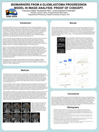 www.postersession.com
www.postersession.com
Glioblastoma (GBM) is the most common malignant brain tumor of adults, highly aggressive, with
dismall prognosis despite standard-of-care (SOC) treatment. It has low mutational burden, and thus is
not amenable to targeted or immunotherapy. Although much research has been done in conventional
or novel treatment modalities, the survival of patients with newly diagnosed GBM is not higher than
19 months (1). The main threat of GBM is recurrence, which depends upon survival capacity of
remnant tumor cells after treatment, cell migration and adaptation to new environments, and
reconstitution of the primary tumor after these previous steps. The study of GBM cells hability to
adapt has been a possible approach to find novel robust treatments (2).
In silico research has been increasingly used to model specific features of tumor biology, treatment, or
outcomes. Given the complexity and broad scope of these studies, a great diversity of cancer-
associated phenomena simulating computer models has been designed. Glioblastoma computer
models have been used to study from blood-brain barrier dynamics to treatment response. These
models have already brought useful insights into basic and clinical cancer research. One of their main
challenges, however, is to translate meaningful parameters into clinical practice (3).
Celiku et al have developed a GBM computational model based on patient data and exploratory
adaption. They demonstrated that cell phenotype dynamics can be modelled in this manner and that it
predicts an evolutionary landscape of phenotype pathways that could have implications to tumor
treatment (2). They have used this modelling technique to explore phenotype stability response under
a variety of perturbations in tumor microenvironment and have shown that a cycling between basic
behavior-molecular matched cell tumor phenotypes is crucial for GBM progression. They have
labeled the modelled cell tumor phenotypes GO (motile infiltrating cells), GROW (tumor-
reconstituting cells), DORMANT (metabollically inactive cells), and APOPTOSIS (cells undergoing
programmed-cell death) (4).
We sought to use these concepts to derive biomarkers for the evaluation of magnetic resonance
imaging (MRI) of a test patient. Our objetive was to make a proof of concept translation of the
evolutionary adaptive concepts of phenotype stability and exploratory adaptation to clinically useful
endpoints for routine imaging analysis.
Methods
Conclusions
BIOMARKERS FROM A GLIOBLASTOMA PROGRESSION
MODEL IN IMAGE ANALYSIS: PROOF OF CONCEPT.
Francisco Hélder Cavalcante Félix1; Juvenia Bezerra Fontenele2
1 Pediatric Cancer Center, Hospital Infantil Albert Sabin
2 Department of Pharmacy, Federal University of Ceará, UFC
Bibliography
1. Medikonda R, Dunn G, Rahman M, Fecci P, Lim M. A review of glioblastoma immunotherapy. J
Neurooncol. 2020 Apr 6. doi: 10.1007/s11060-020-03448-1. Epub ahead of print. PMID: 32253714.
2. Celiku, O., Gilbert, M.R. & Lavi, O. Computational modeling demonstrates that glioblastoma cells can
survive spatial environmental challenges through exploratory adaptation. Nat Commun 10, 5704 (2019).
https://doi.org/10.1038/s41467-019-13726-w
3. Computational modeling in glioblastoma: from the prediction of blood–brain barrier permeability to the
simulation of tumor behavior. Ana Miranda, Tânia Cova, João Sousa, Carla Vitorino, and Alberto Pais.
Future Medicinal Chemistry 2018 10:1, 121-131
4. Rajapakse VN, Herrada S, Lavi O. Phenotype stability under dynamic brain-tumor environment stimuli
maps glioblastoma progression in patients. Sci Adv. 2020 May 27;6(22):eaaz4125. doi:
10.1126/sciadv.aaz4125. PMID: 32832595; PMCID: PMC7439317.
5. Felix, Francisco. (2016). Longitudinal observational study of pediatric patients with primary brain tumors:
establishment of a hospital-based registry. (Version 1.0.0) [Data set]. Zenodo.
http://doi.org/10.5281/zenodo.3576056
Introduction Results
Eighteen individual nodular-like enhancing sites were chosen in the serial images. Total area (TB) was 2183
mm² at timepoint A, 4297 mm² at timepoint B, and 6132 mm² at timepoint C. Mean and SDM for nodule area
were 93,5±123,5 mm² (A), 186±184,1 mm² (B), and 220,5±238,1 mm² (C). The difference between A and B
was statistically significant (p = 0,03), but not the difference between B and C (p = 0,16). The S nodules
remained stable after chemotherapy (TBS, A = 1350, B = 2496, C = 2572), the R nodules maintained continuous
growth after treatment (TBR, A = 304, B = 1332, C = 2353, and the D nodules diminished before treatment and
grew after chemotherapy (TBD, A = 529, B = 496, C = 1207). There were three new nodules at B and one new
nodule at C. (Figure 2)
De-identified patient data, including images, was extracted from a hospital-based registry of pediatric patients
with central nervous system tumors (5), built upon authorization of our institution IRB and after informed consent
from patients’ families. The data used was from a patient diagnosed with a left cingulate gyrus H3K27me3-
negative GBM that underwent SOC therapy and achieved complete tumor remission (CR). Two years after the
diagnosis a midline recurrence was noted that progressed swiftly involving the surface of the previous surgical
cavity. The patient underwent a new radiation therapy treatment, followed after 6 months by new progression. It
was then proposed palliative chemotherapy using an adaptive therapy framework, that resulted in continued
tumoral progression to no avail.
We used routine MRI to study the dynamics of apparent clonal cell tumor populations, individualized as nodular
growths in the images. Serial T1-weighted, contrast-enhanced images with 1 mm thickness were obtained at
predetermined 2-month intervals after disease recurrence (A, B, and C). Chemotherapy was administered after
timepoint B. Semi-automated elipsoids were marked at enhancing nodular-like sites in each image, and their areas
were machine determined and manually compared at each time point. An example of slice and nodule choosing is
depicted in figure 1. We used Carestream Vue Motion PACS Software (Carestream Health France, 2015).
Nodules identified in a timepoint were compared with the same nodules (identified by location) at each one of the
other timepoints. Nodule area as calculated by the software was plotted to inspect the overall behavior of each
nodule. Based on this, we could separate nodules in three groups: sensitive (S) (their growth was inhibited after
chemotherapy), resistant (R) (their growth continued relentlessly despite treatment), and disinhibited (D) (they
were stable or decreased before chemotherapy and increased after it). Figure 2 show examples. The sum of
nodule areas in each timepoint was called tumor burden (TB). Mean and standard deviation of mean (STM) were
calculated for nodules in each timepoint, and a repeated measures parametric comparison (t test) was performed.
Statistics were done in Google Sheets, 2020.
These results suggest that GBM has intrinsic phenotypic heterogeneity that is analogous to those that emerged
from the Lavi group model. The R nodules can be viewed as GROW cells, the S nodules as DORMANT cells, the
D cells could be analogous to APOPTOSIS cells that were repressed by darwinian pressure within the tumor
microenvironment, and the newly formed nodules as evidence of GO phenotype cells. Our observations sugest
that chemotherapy augmented tumor phenotype heterogeneity and induced derepression of cell clones that
otherwise would have not survived the competition within the tumor ambient, conceptualized as a dynamic,
evolving, multidimensional space of interacions that determine the tumor behavior. These phenomena have to be
accounted for if one is to develop succesfull treatment strategies for GBM.
Figure 1: these slices were chosen from
a total of 176 sagittal T1w MRI. Each
image was manually checked for the
presence of nodule-like enhancing
regions classified as tumor growth sites.
Ellipsoids were drawn with the help of
Carestream Vue Motion PACS software.
The software automatically calculated
nodule areas.
Figure 2: (a) Example of nodule behavior, showing S, R, and D types ,
comparing timepoints A, B, and C. A nodule was considered stable if its
area variation was < 25%; progressive if its area was ≥ 25% than previous
measure; or regressive if its area was <25% than previous measure. Stable
or regresive nodules after chemotherapy were classified as S. Progressive
nodules after chemotherapy were classified as R. Stable or regressive
nodules before chemotherapy that progressed after it were classified as D.
(b) Boxplot of nodule areas at A, B, and C. (c) Growth plots of all the
nodules measured at A, B, and C. (d) Growth plots of S nodules and TBS
(blue). (e) Growth plots of R nodules and TBR (red). (f) Growth plots of D
nodules and TBD (yellow). (g) Growth plots of TBS (blue), TBR (red), and
TBD (yellow).
C
B
A
(a)
R
R
S
S
D
D
(b) (c)
(d) (e)
(f) (g)
 