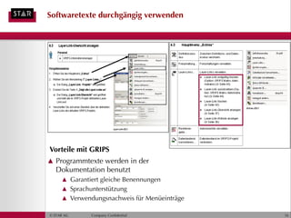 Softwaretexte durchgängig verwenden




Vorteile mit GRIPS
▲ Programmtexte werden in der
  Dokumentation benutzt
     ▲ Garantiert gleiche Benennungen
     ▲ Sprachunterstützung
     ▲ Verwendungsnachweis für Menüeinträge

© STAR AG     Company Confidential            16
 