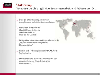 STAR Group
Vertrauen durch langjährige Zusammenarbeit und Präsenz vor Ort


▲ Über 26 Jahre Erfahrung im Bereich
   „multilinguale technische Kommunikation“

▲ Weltweites Netzwerk mit
   über 800 Angestellten in
   über 40 Filialen in
   mehr als 30 Ländern

▲ Drittgrößtes internationales Unternehmen in der
   „Technischen Übersetzungen und
   Dokumentation“

▲ Pionier und Technologieführer in SGML/XML-
   Technologien

▲ Dienstleister und Software-Entwickler für den
   gesamten Lebenszyklus „technischer
   Informationen“




                                                                 3
 
