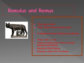 

They were twins.
They killed there wicked uncle



A shepherd found Romulus and Remus.








They built a city.
There wicked uncle tried to drown
Romulus and Remus.
Romulus killed Remus.
Romulus called the city Rome

 
