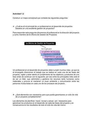 Actividad 1.2
Construir un mapa conceptual que conteste las siguientes preguntas:
 ¿Cuál es el rol principal de un profesional en el desarrollo de proyectos
basados en una excelente gestión de proyectos?
Para responder esta pregunta ubicaremos al profesional en la dirección del proyecto
y como miembro de la Oficina de Gestión de Proyectos
Un profesional en el desarrollo de proyectos debe cumplir muchos roles, ya que es
el encargado direccionar el trabajo que se realiza en cada una de las fases del
proyecto, vigilar y estar atento al cumplimiento de los objetivos y productos de una
fase antes de continuar con la siguiente, por eso entre los principales roles está el
de ser un líder, que administra y gestiona los recursos tanto humanos como
materiales y procura el mantener un buen ambiente y comunicación entre las
personas involucradas en cada uno de los procesos del proyecto.
 ¿Qué elementos son necesarios para que pueda garantizarse un ciclo de vida
de un proyecto completamente?
Los elementos de planificar, hacer, revisar y actuar, son necesarios para
garantizar los productos en el desarrollo de cada las fases del proyecto y en
consecuencia en los resultados de todo el ciclo de vida del mismo.
La Oficina de Gestión de Proyectos
Con el roles para
Entre otros
Buena comunicación
Liderazgo y motivación
Organización general
Planificar y coordinar
La gestión de recursos
 