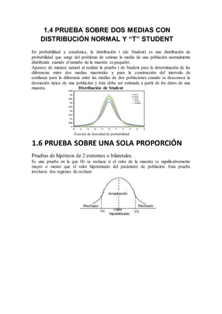 1.4 PRUEBA SOBRE DOS MEDIAS CON
DISTRIBUCIÓN NORMAL Y “T” STUDENT
En probabilidad y estadística, la distribución t (de Student) es una distribución de
probabilidad que surge del problema de estimar la media de una población normalmente
distribuida cuando el tamaño de la muestra es pequeño.
Aparece de manera natural al realizar la prueba t de Student para la determinación de las
diferencias entre dos medias maestrales y para la construcción del intervalo de
confianza para la diferencia entre las medias de dos poblaciones cuando se desconoce la
desviación típica de una población y ésta debe ser estimada a partir de los datos de una
muestra. Distribución de Student
Función de densidad de probabilidad
1.6 PRUEBA SOBRE UNA SOLA PROPORCIÓN
Pruebas de hipótesis de 2 extremos o bilaterales.
Es una prueba en la que H0 se rechaza si el valor de la muestra es significativamente
mayor o menor que el valor hipotetizado del parámetro de población. Esta prueba
involucra dos regiones de rechazo
 